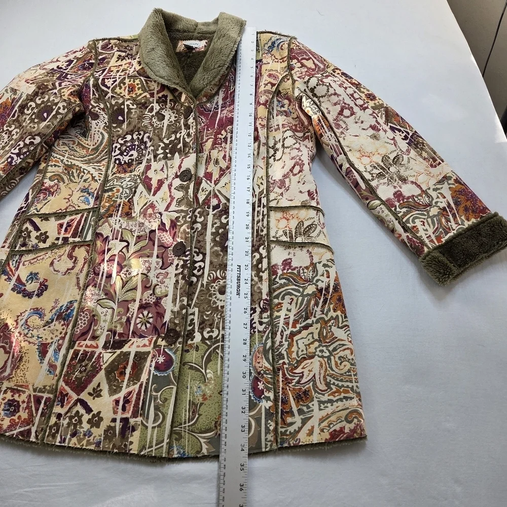 Chico’s Patchwork Tapestry‎ Coat Size 2 (L) Faux Fur Lined Boho Artsy Jacket